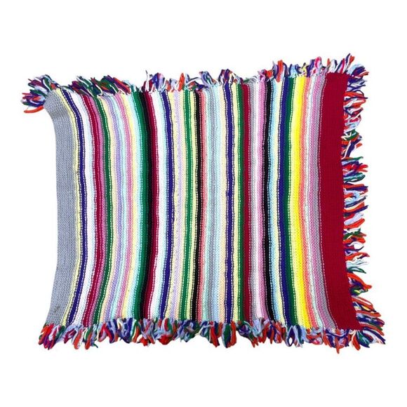 Rainbow Lap Handwoven Striped Throw Blanket Fringe 31"x26" Chair Boho Retro - Picture 2 of 3
